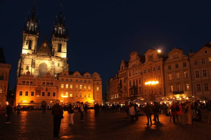 Old Town Square at night.